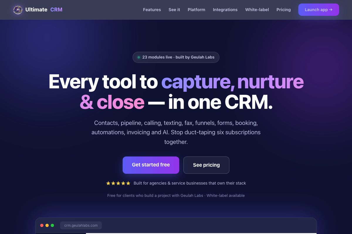 Screenshot of the Geulah CRM platform