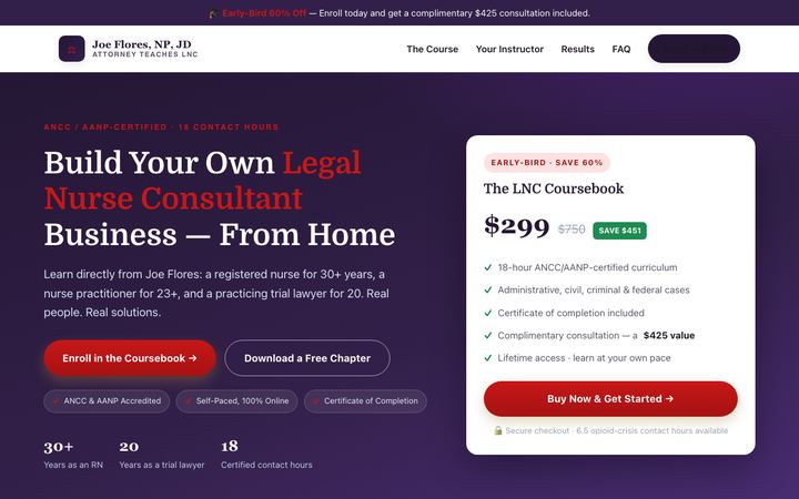Screenshot of the Legal Nurse Consultant site