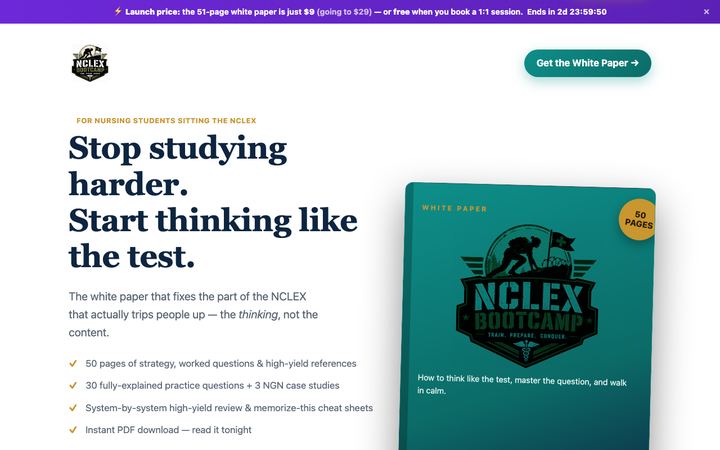 Screenshot of the NCLEX Bootcamp sales funnel