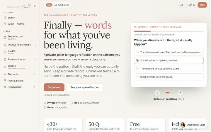 Screenshot of the Unmasked wellness app